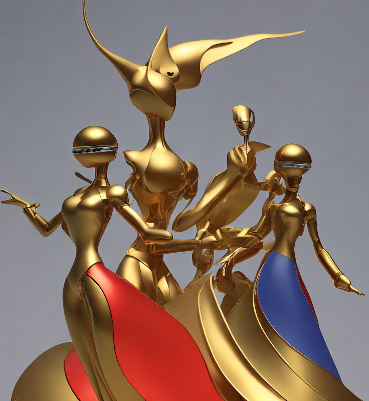 Three golden stylized figures in futuristic attire against a simple background