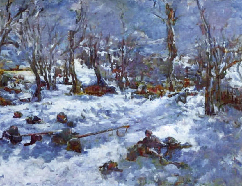 Winter Landscape Painting with Bare Trees, Snow, Wheelbarrow, and Tools