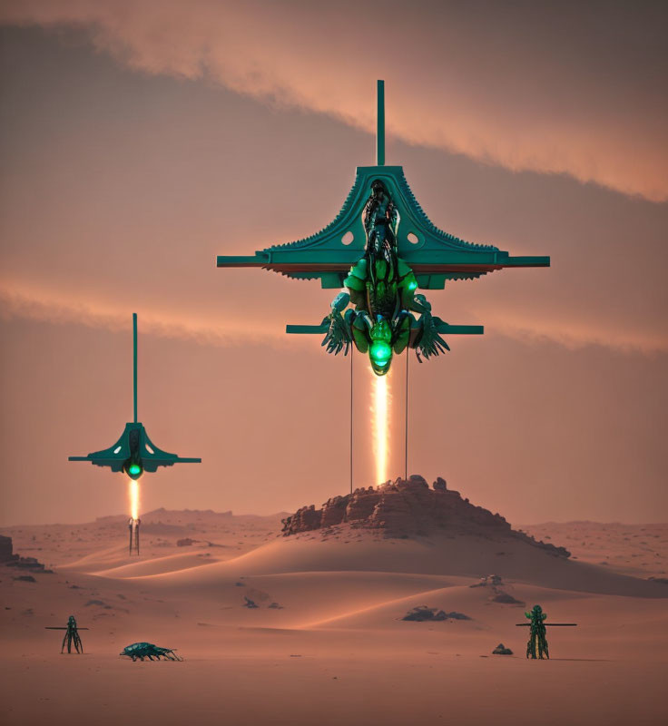 Teal spacecrafts emitting beams over desert with alien figures and robot