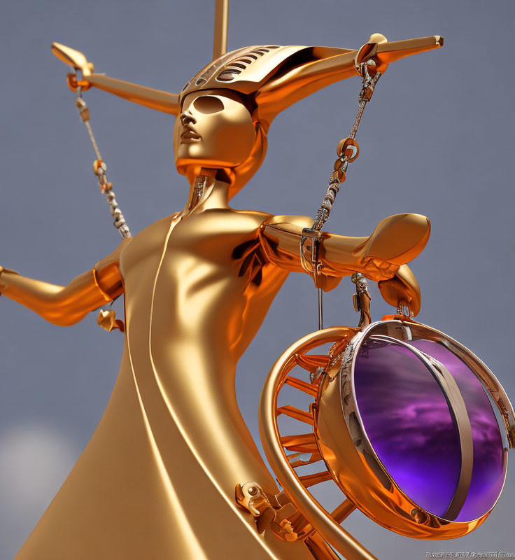 Golden Lady Justice Statue with Sword and Scales on Plain Background