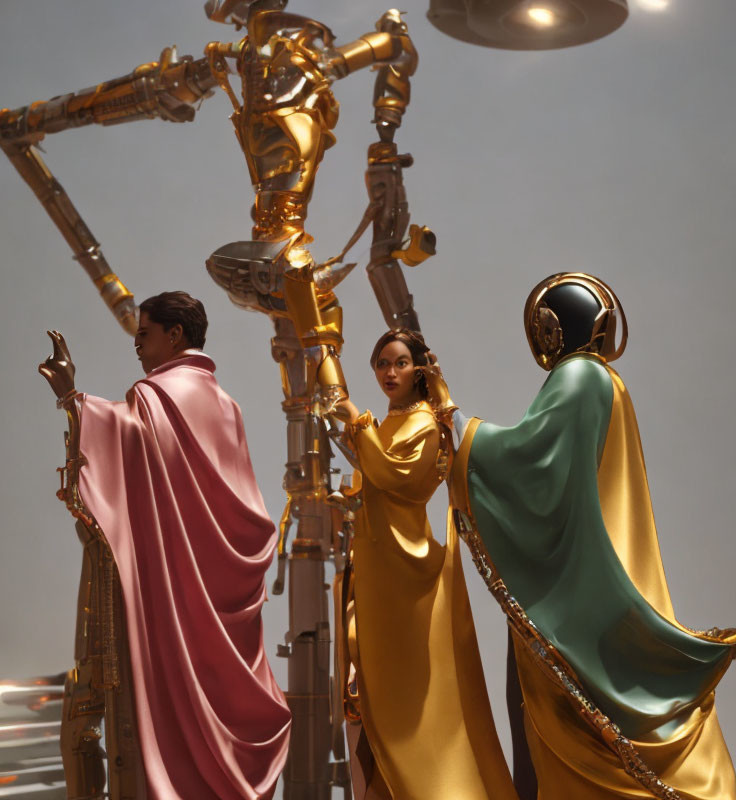 Three individuals in metallic cloaks with robotic arms in futuristic setting