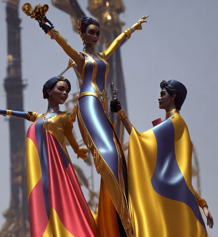 Three stylized female figures in golden and blue outfits with capes pose heroically against a blurred E