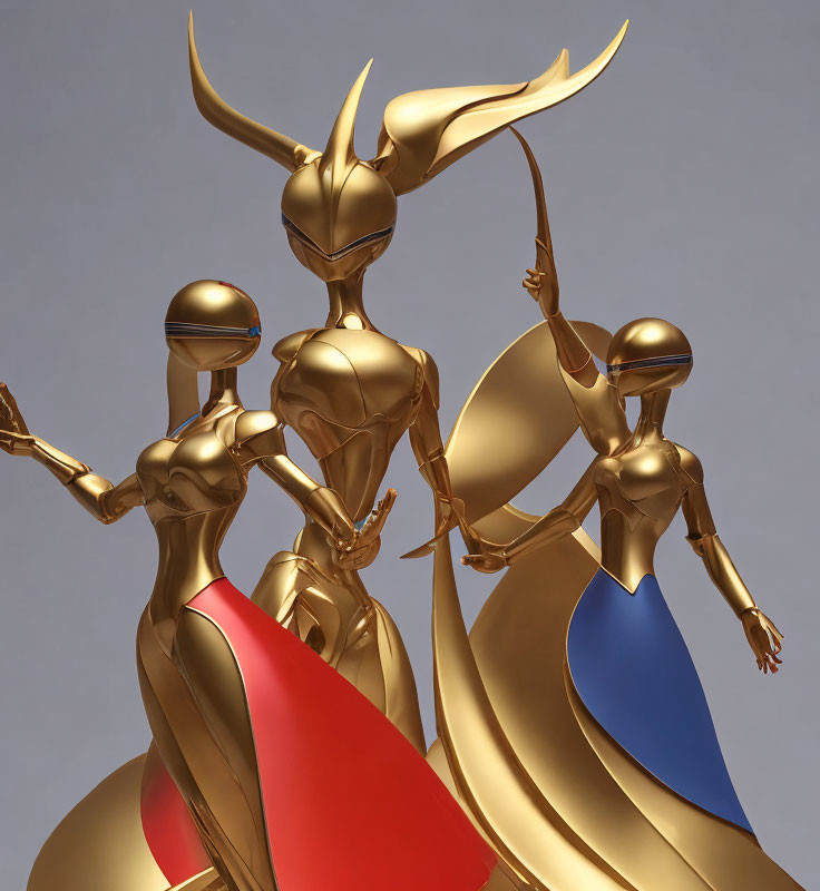 Golden humanoid figures in red and blue capes on gray background