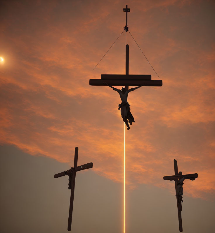 Three Crosses Silhouetted Against Orange Sky