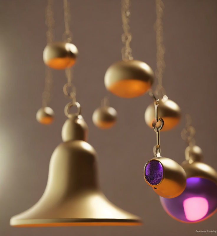 Colorful Illuminated Golden Bell-Like Structures on Taupe Background