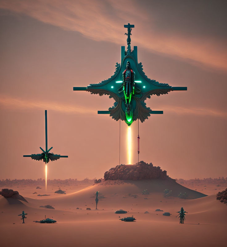 Futuristic aircraft with neon accents flying over a desert landscape at dusk