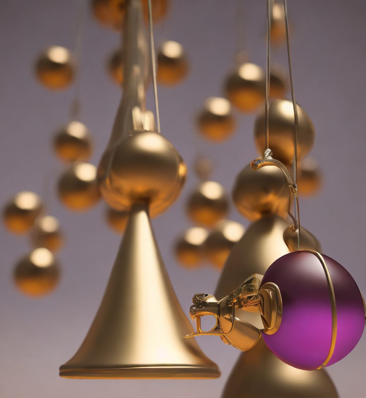 Shimmering Golden and Purple Christmas Ornaments on Warm Background