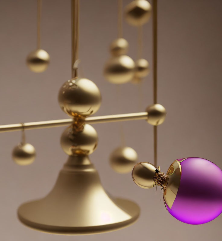 Golden spherical hanging structure on beige background with digitally altered purple-pink gradient sphere