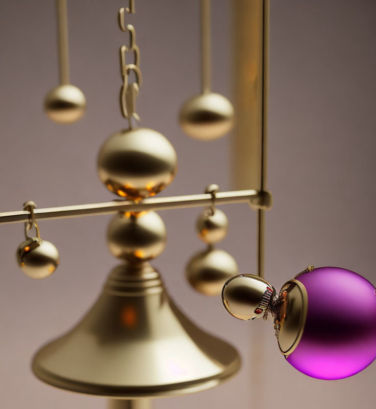 Elegant kinetic mobile with golden and purple spheres, featuring a toppled purple ball on a chain