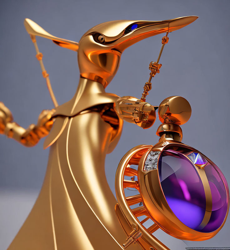 Gold-toned 3D robot bird with blue glowing eye holding ornate pocket watch