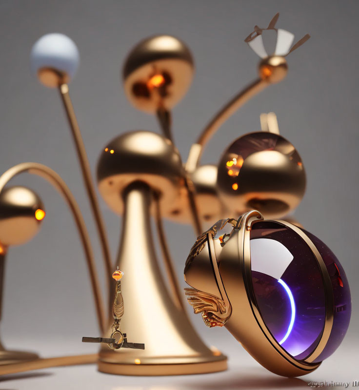 Golden futuristic sculpture with spheres, rings, and bell-shaped element in purple light