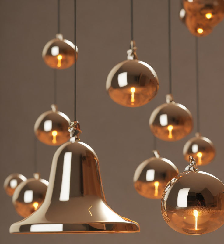 Modern interior design with glossy golden bell and hanging spherical ornaments on muted background