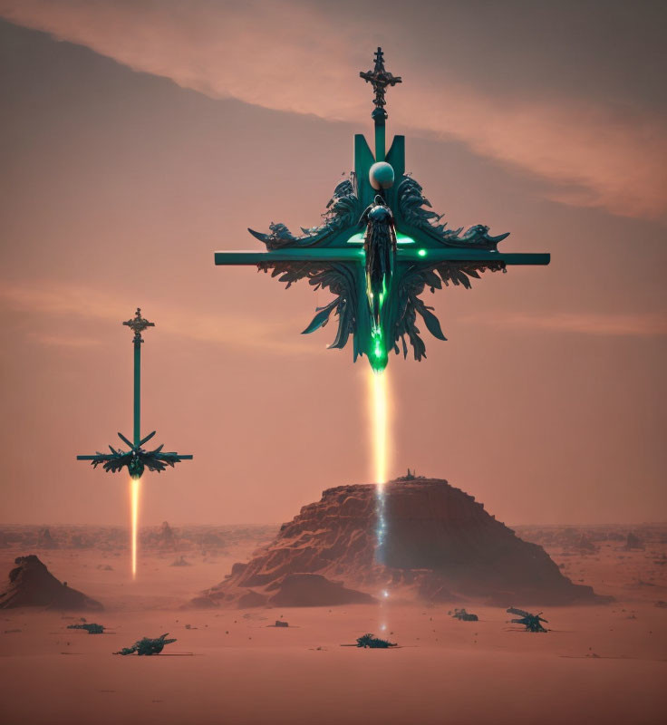 Surreal landscape: ornate sculptures floating over hazy desert at dusk