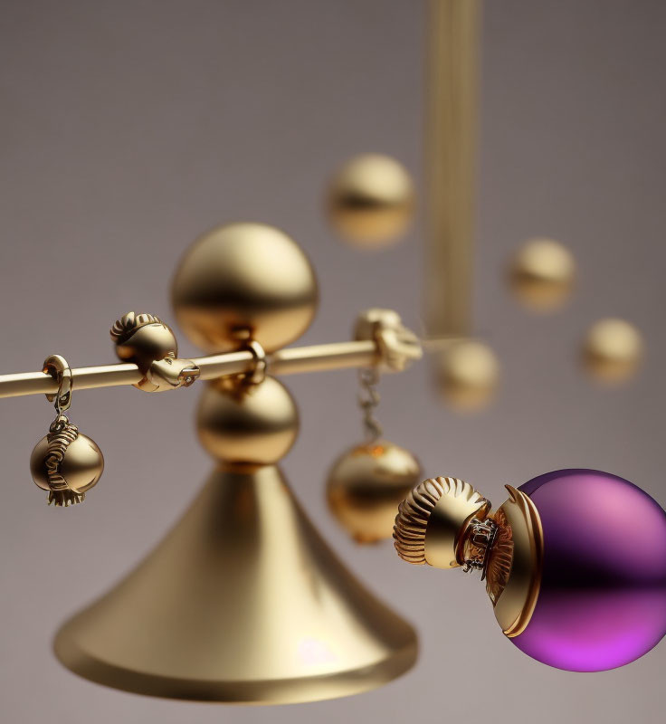 Gold Kinetic Balance Sculpture with Hanging Spheres and Purple Reflective Sphere