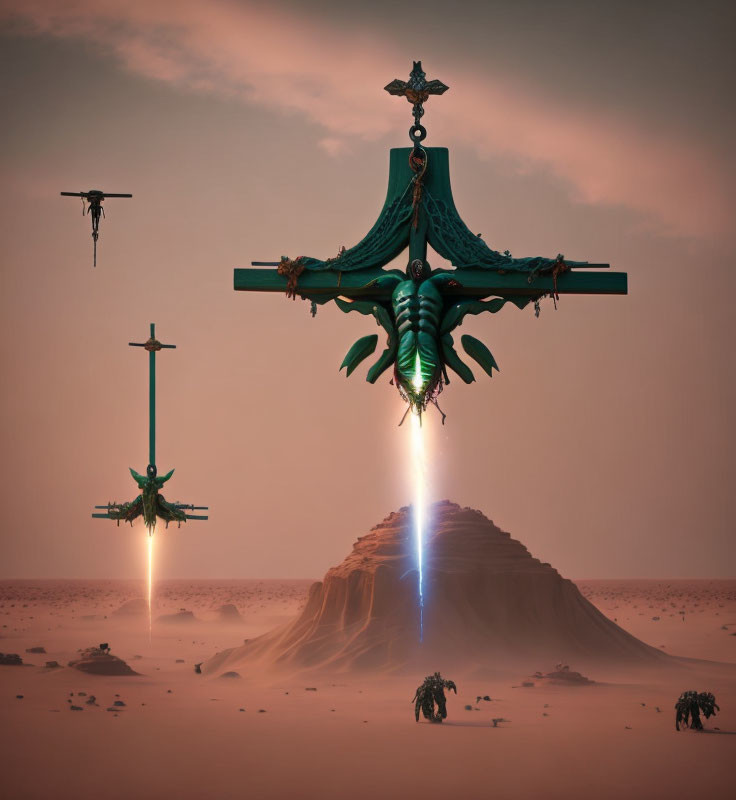 Futuristic aircraft hovering over desert hill with central ship beam