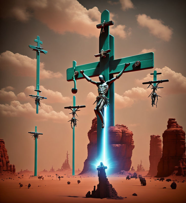 Dystopian landscape with robotic figures on crosses in red sky