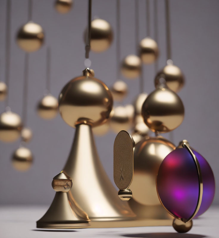 Abstract art installation with golden geometric shapes and purple sphere.