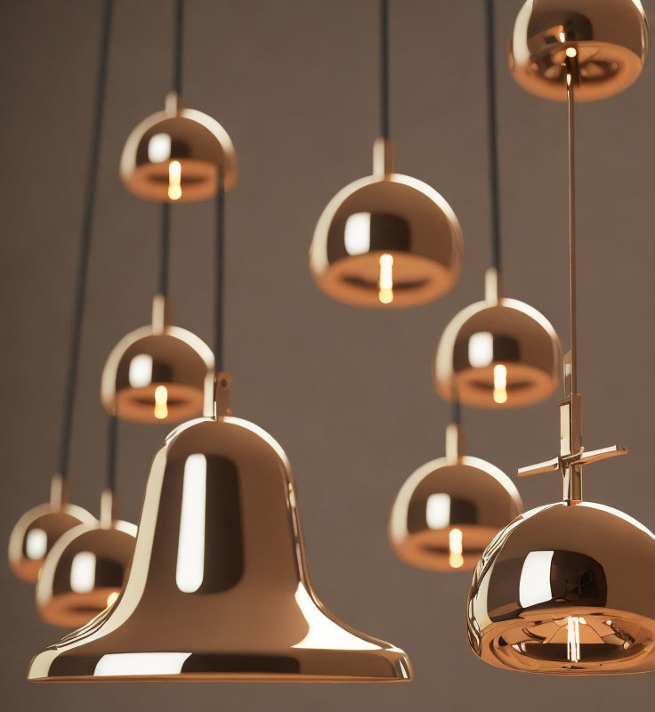 Reflective brass pendant lights in various heights on neutral background