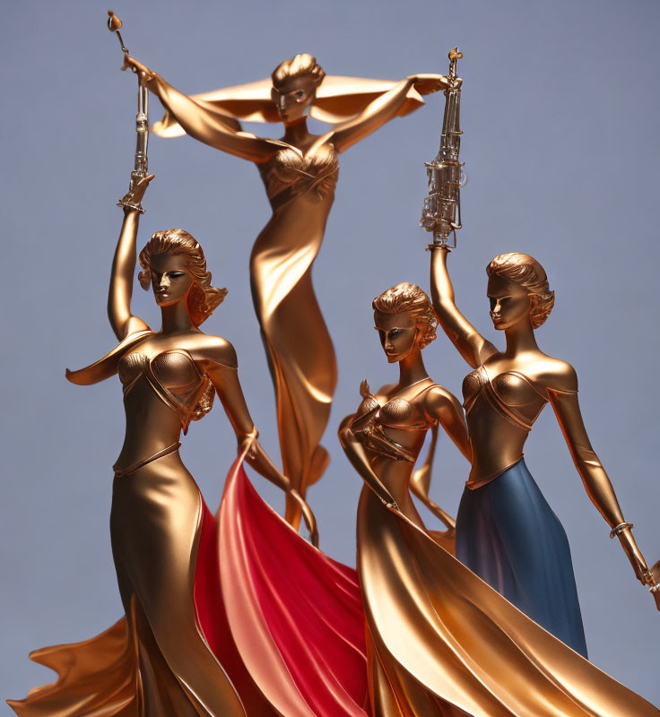 Four Golden Female Figure Statues Holding Trumpets on Gradient Background