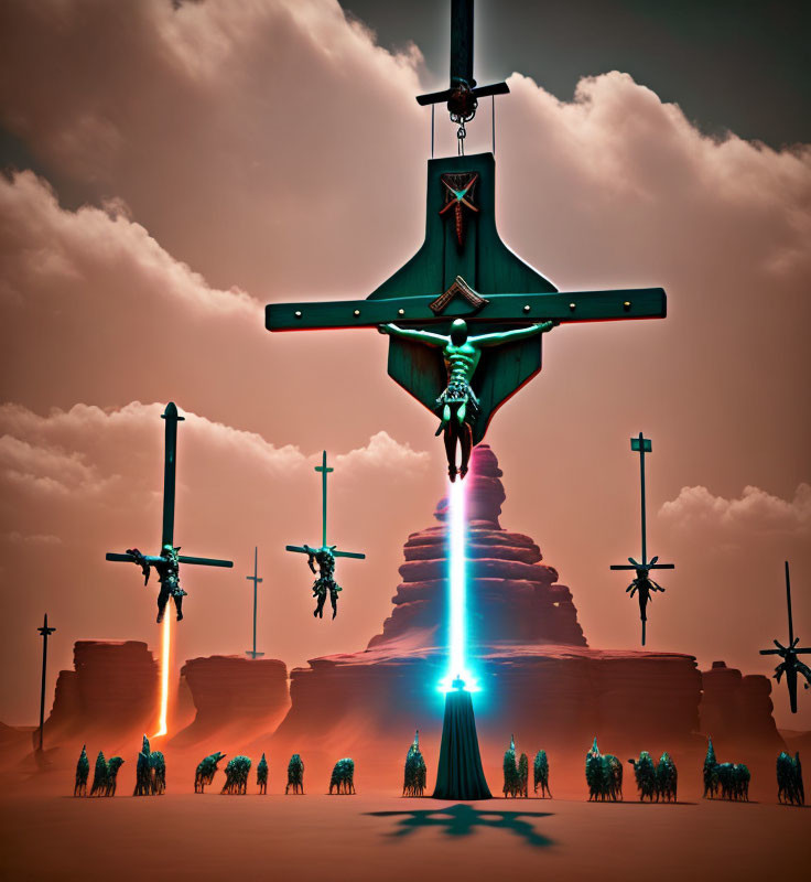 Surreal inverted cross and figures in red sky over desert landscape