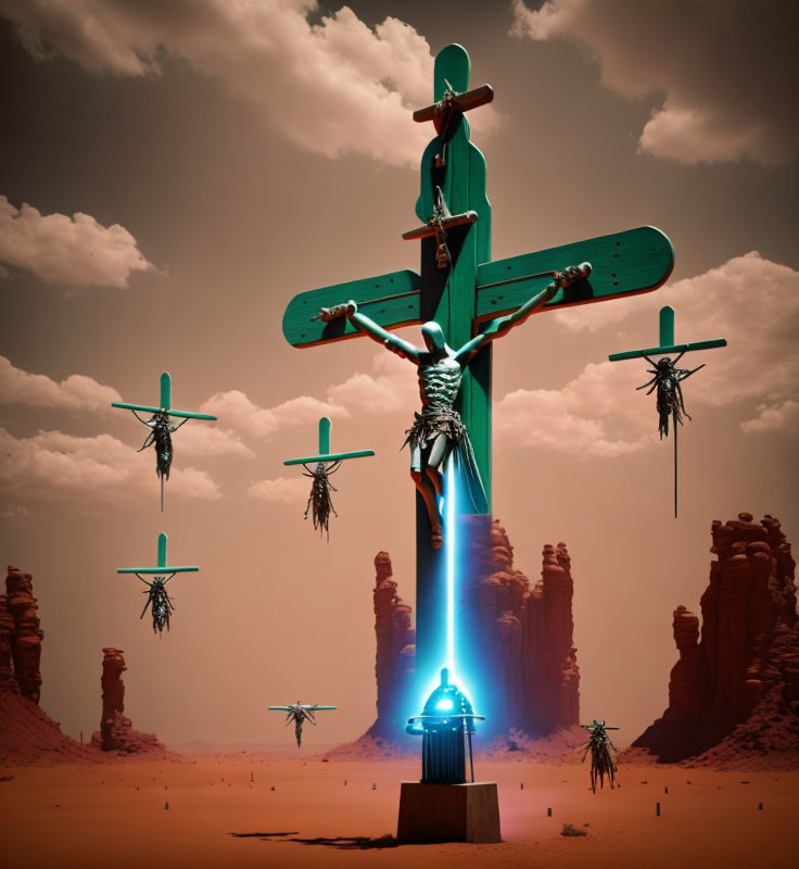 Surreal artwork: Crucifixes with cowboy hats, desert scene, blue light, alien craft