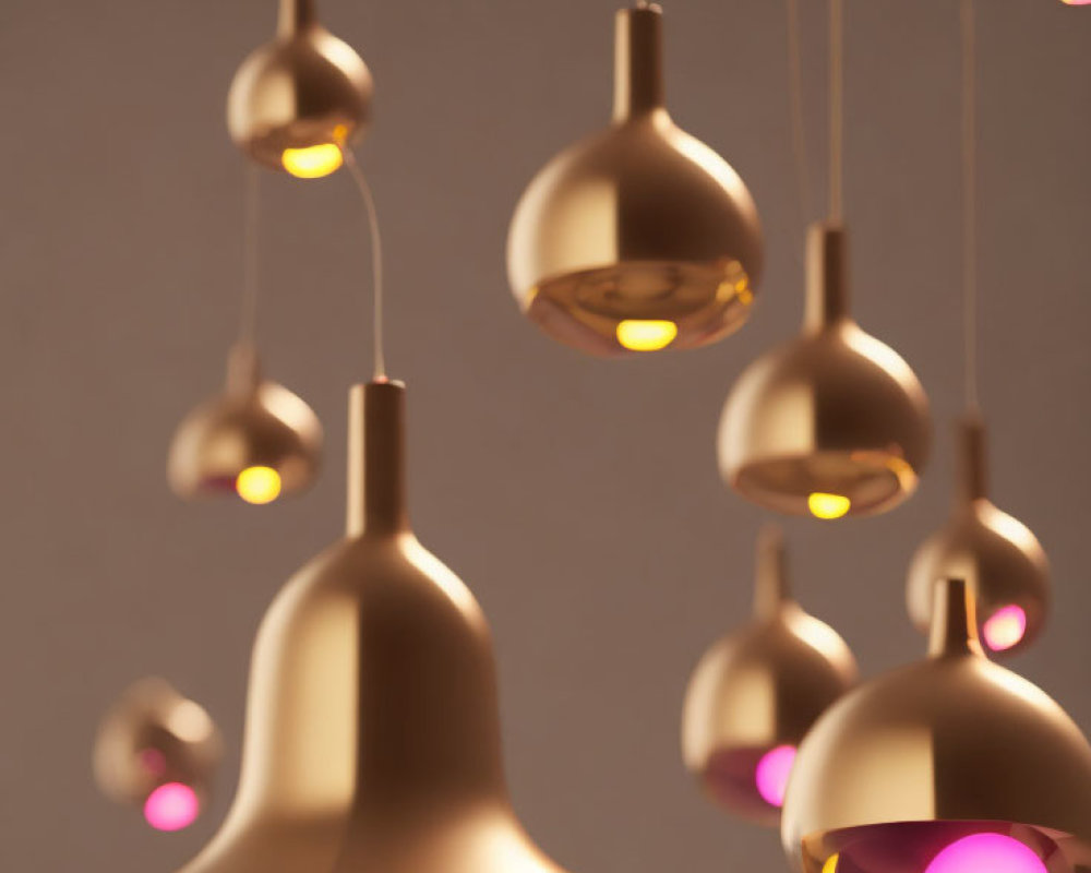 Golden Pendant Lights with Pink Orbs on Neutral Background