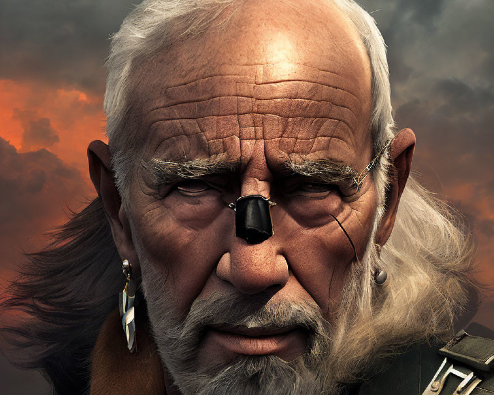 Elderly Man with Eye Patch and Earrings in Stormy Sky Portrait