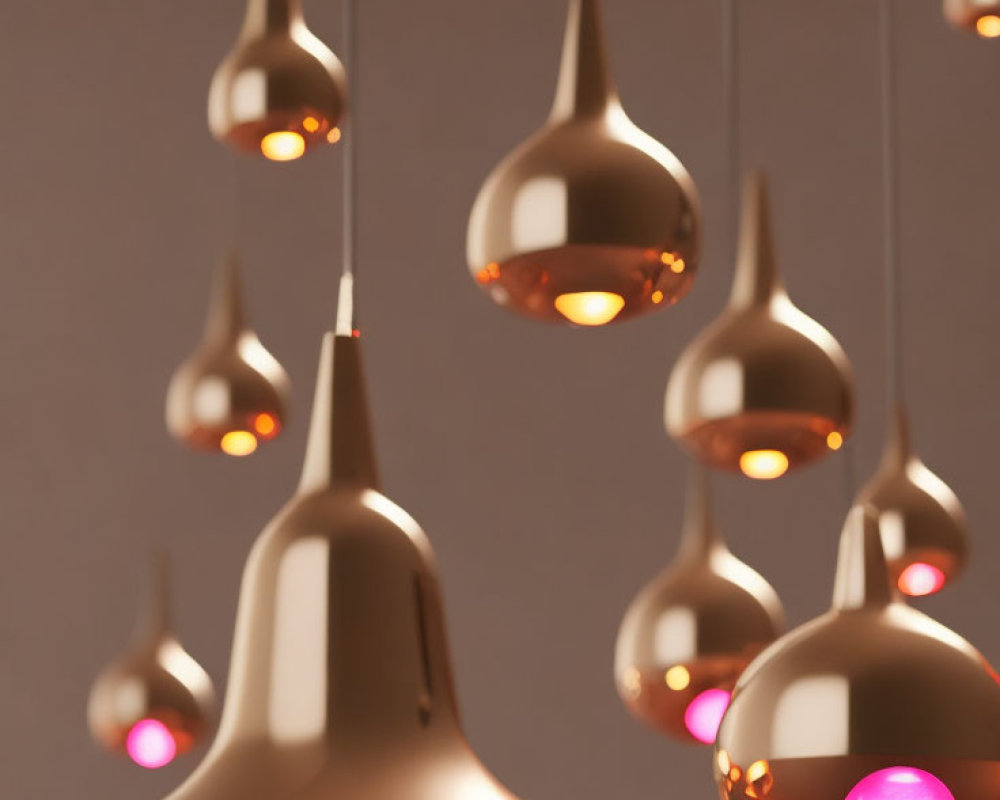 Sleek Gold Pendant Lights with Glowing Pink Bulbs