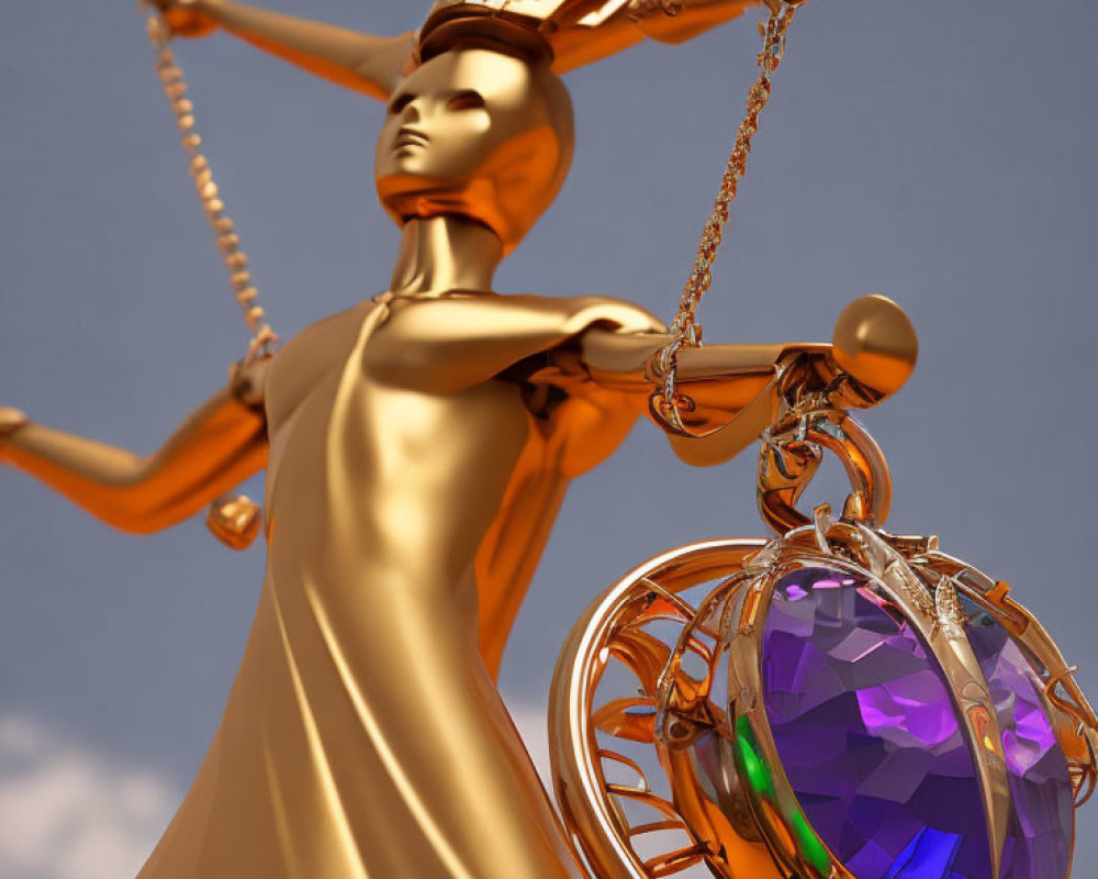 Golden Lady Justice Statue with Purple Gemstone on Balanced Scales