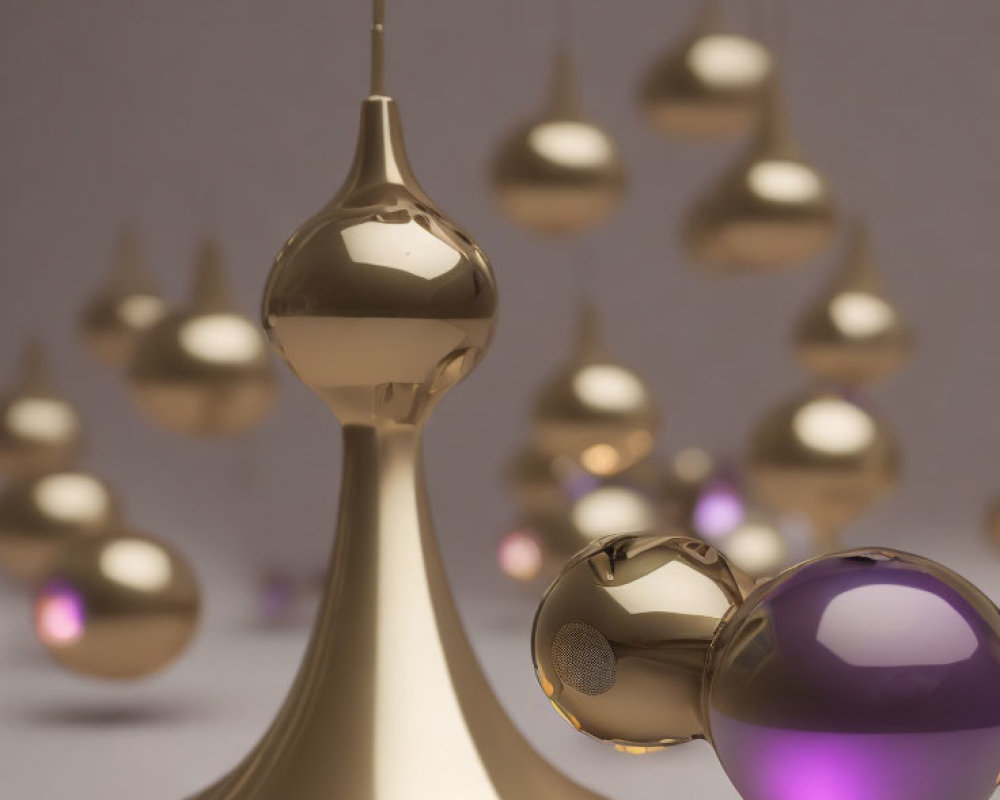 Golden pedestal with sphere and floating metallic orbs in purple hues