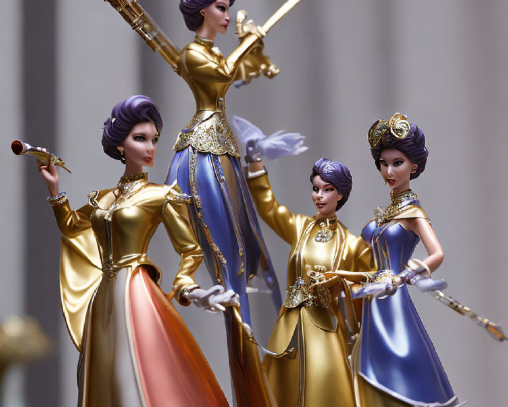 Regal Gold and Blue Attire Figurines Playing Wind Instruments