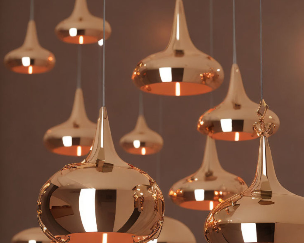 Cluster of Shiny Copper Pendant Lights in Modern Interior