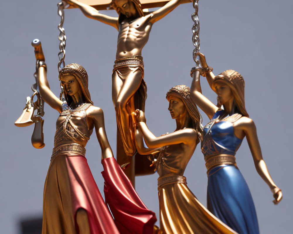 Religious crucifix with Jesus and blindfolded Lady Justice statues