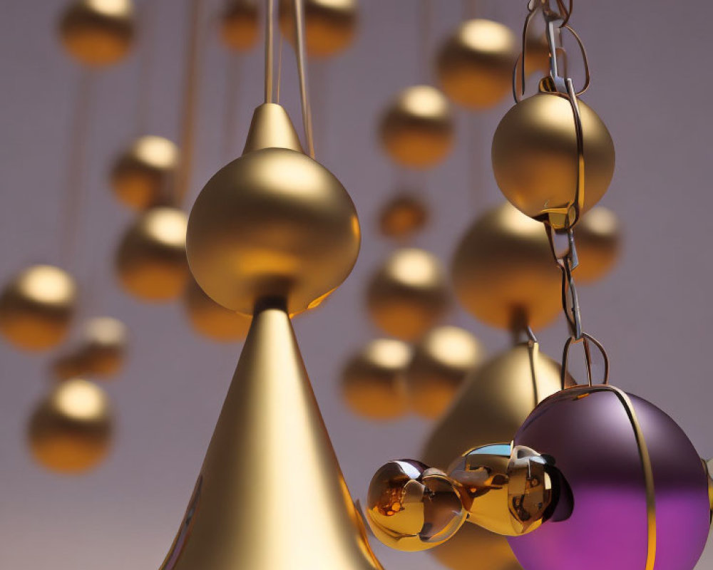 3D-rendered image of suspended golden cones and spheres on warm background