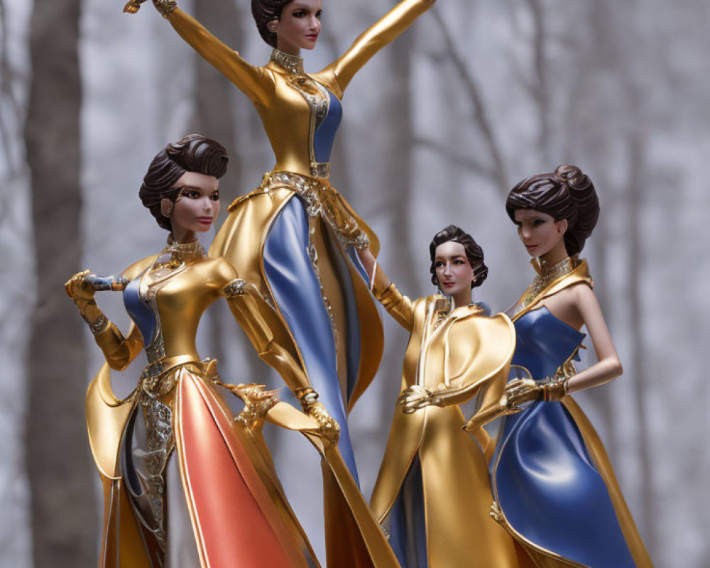 Elegant figurines in gold and blue gowns against woodland backdrop