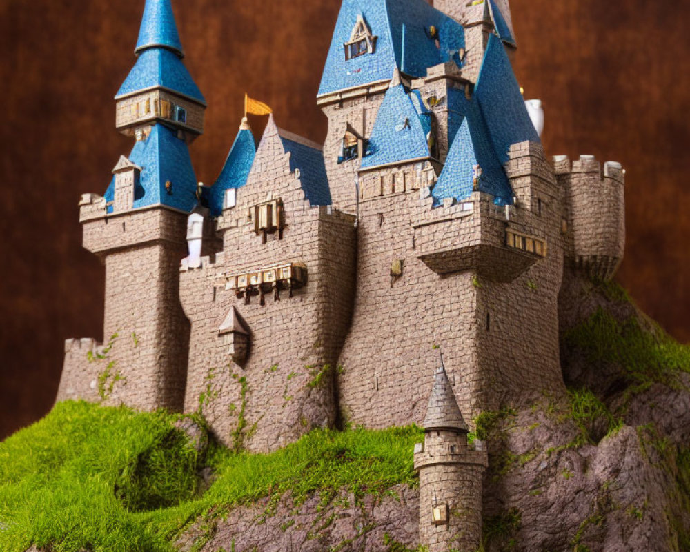 Miniature castle with blue rooftops on grassy mound against brown background