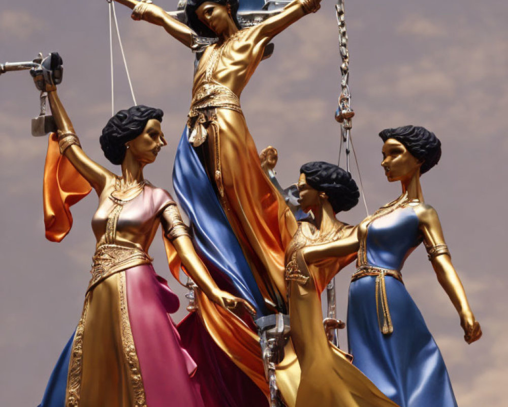 Three female figurines in flowing dresses and headscarves suspended by chains on cloudy sky backdrop