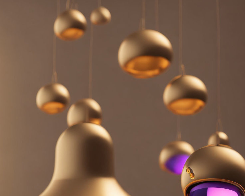 Modern Bell-Shaped Pendant Lights with Purple Interiors on Gray Background