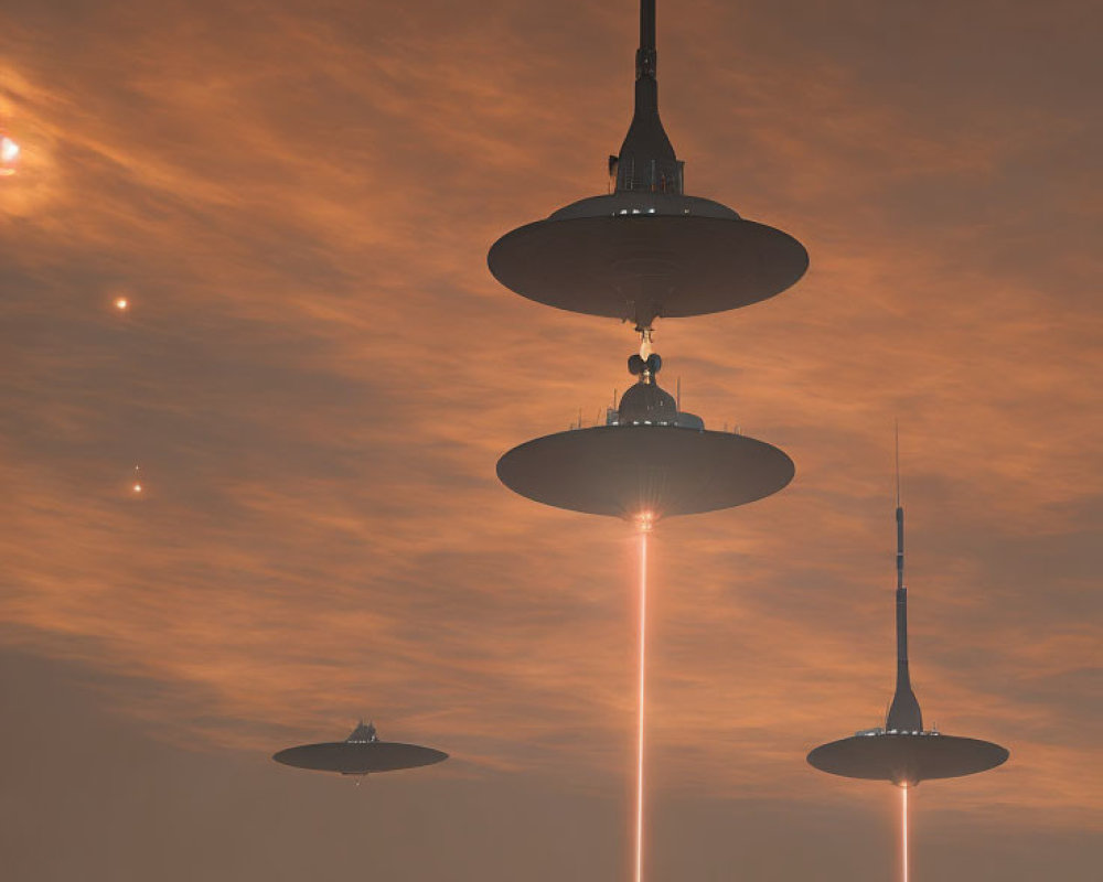 Eerie flying saucers emit light beams in dusky sky