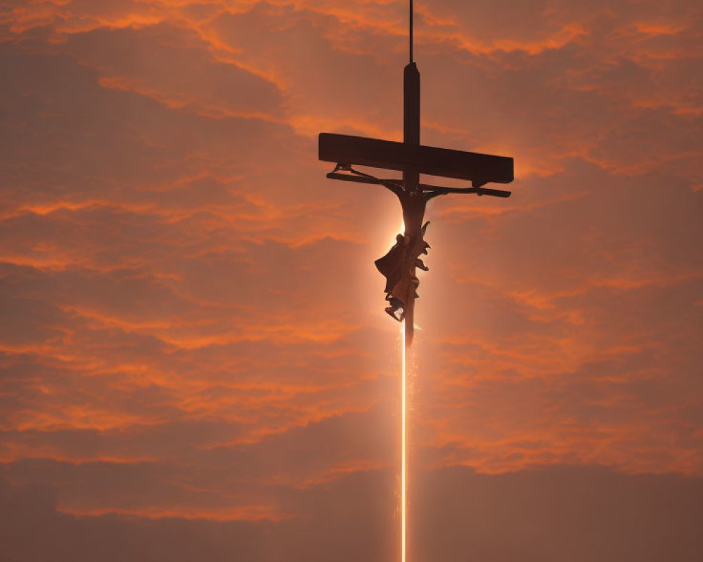 Airplane Silhouette in Vibrant Orange Sky with Sunbeam