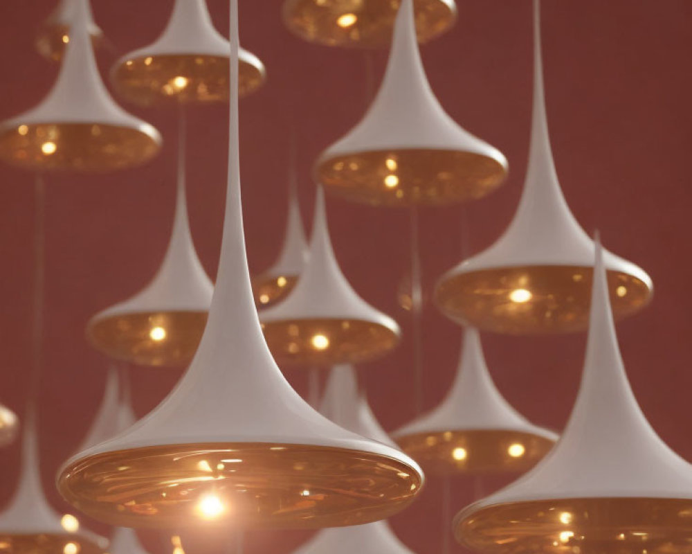 Unique Inverted Teardrop Pendant Lights: White exterior, golden interior, against dark red background