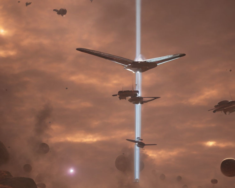 Spaceship descending through dusty orange atmosphere with bright beam and floating rocks.