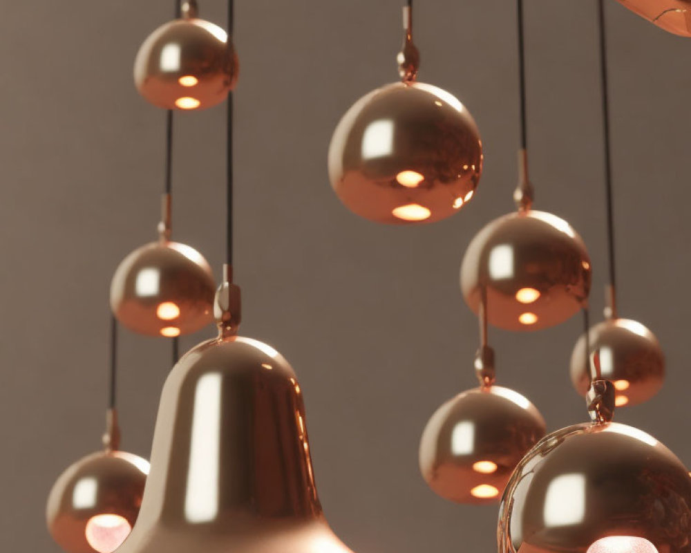 Contemporary copper pendant lights with warm glow on neutral backdrop