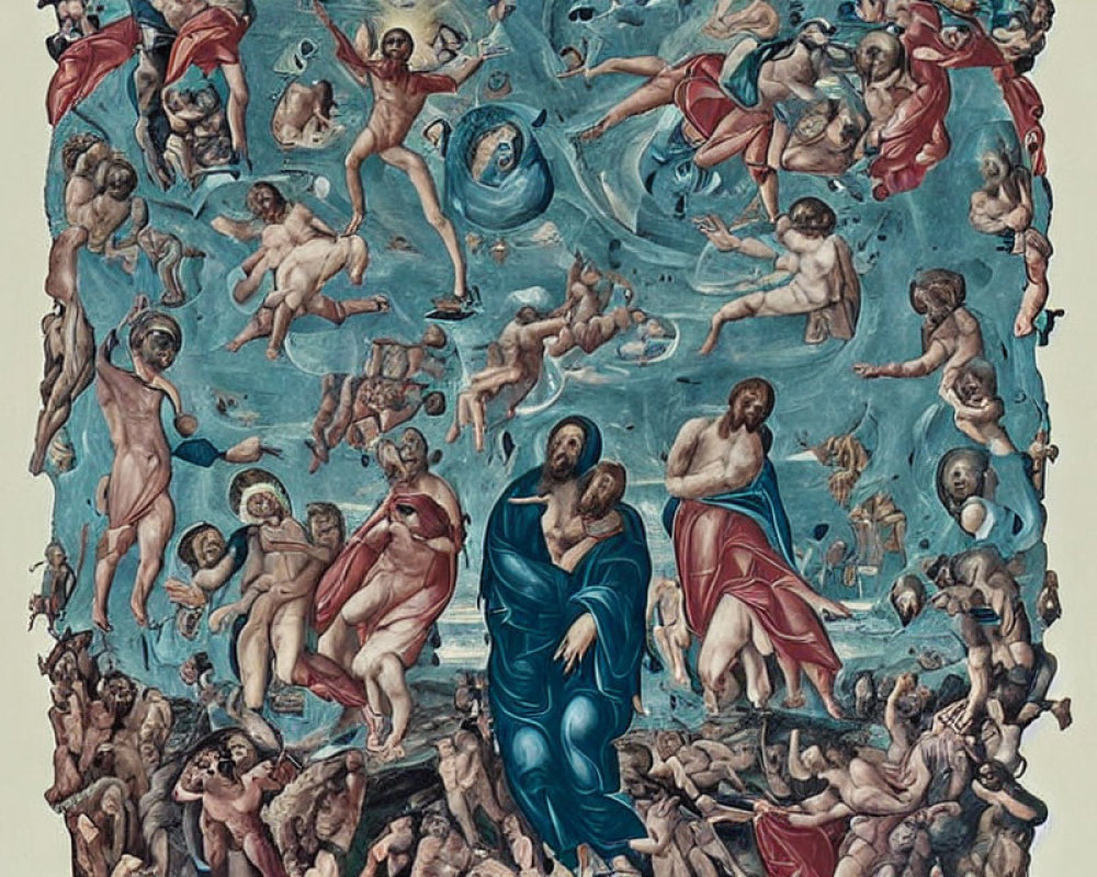 Religious scene with central figures in blue and red robes surrounded by interacting bodies