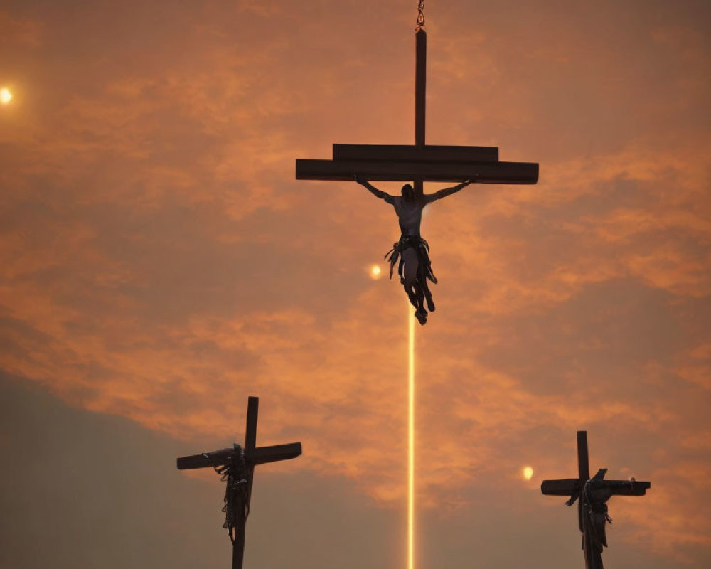 Crucifix Figure in Fiery Sky with Surreal Light Beam