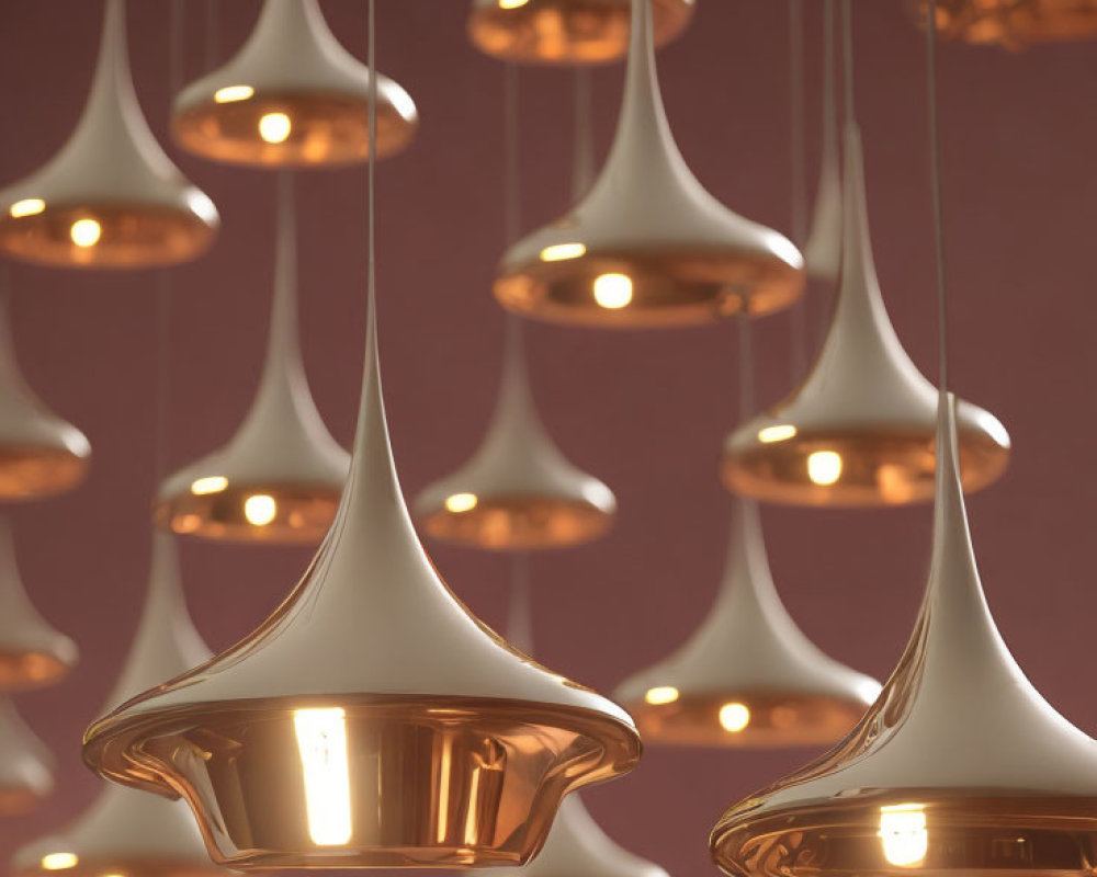 Reflective Gold Pendant Lights Against Warm Red Background