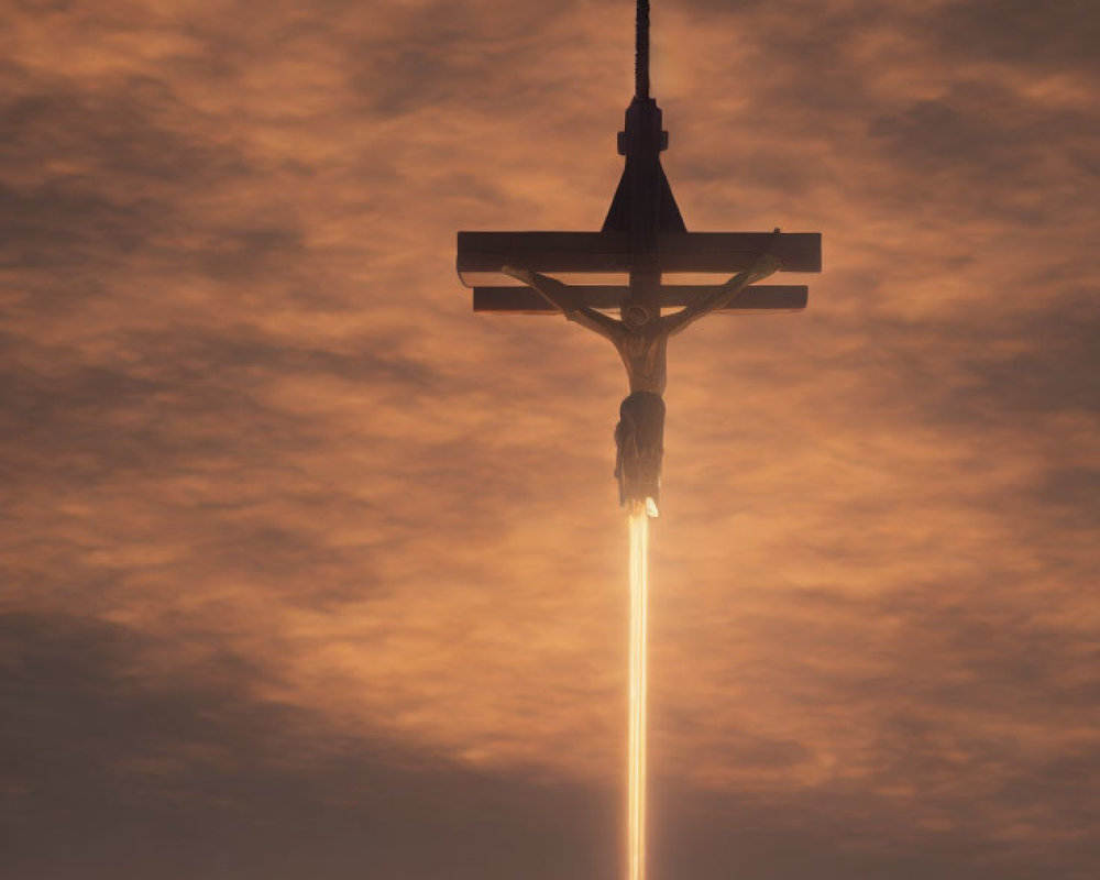 Silhouetted rocket with crucifix and trailing light in dusk sky