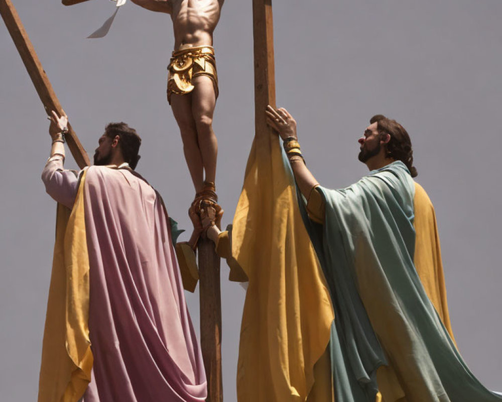 Historical Costumes Interacting with Cross Statue in Clear Sky