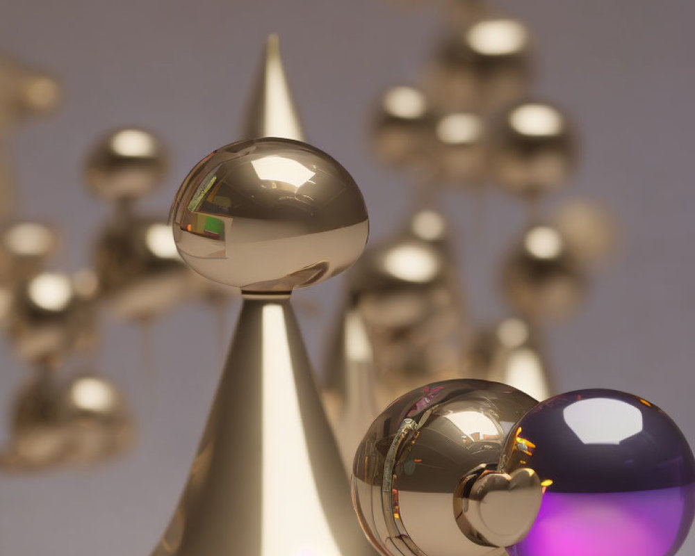 Metallic cones and reflective spheres in purple lighting: Abstract composition