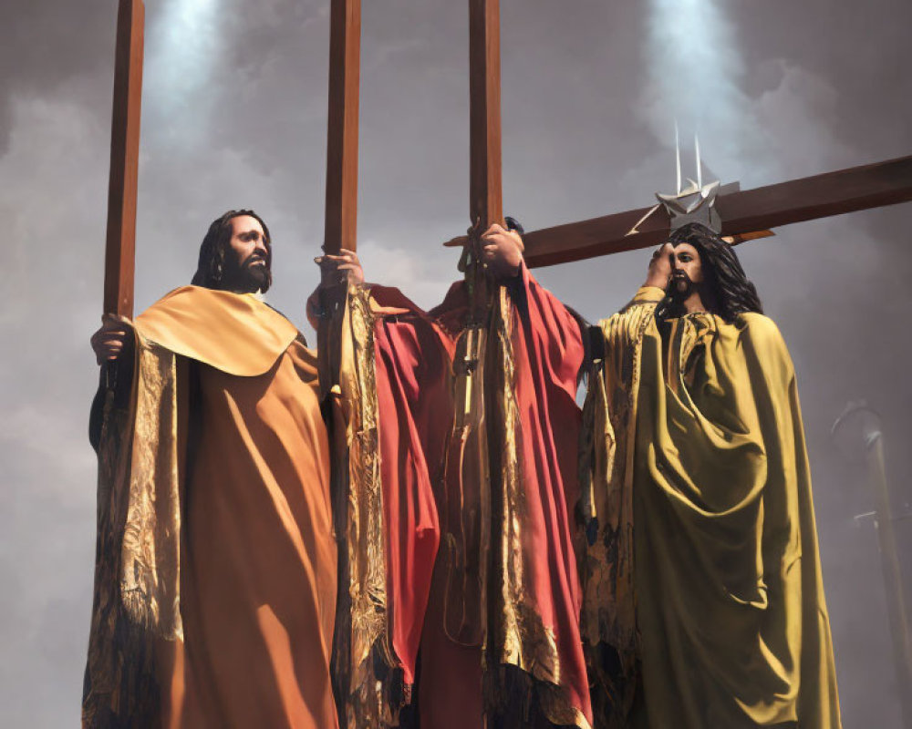 Three people in historical attire with wooden staffs under divine light.